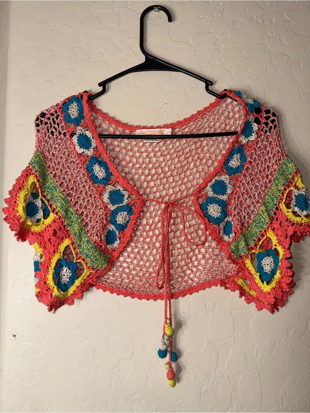 Hana Mokuba Crochet Floral Bolero Shrug Tie Front Boho Festival Cover Up